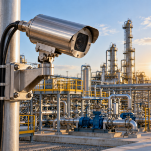 Fixed explosion-proof bullet camera monitoring an outdoor hazardous-area facility