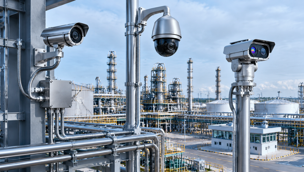 Explosion-proof camera installation with junction box and flexible conduit
