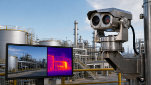 Explosion-proof dual-spectrum thermal PTZ camera monitoring a petrochemical facility
